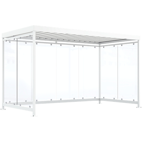 White modern gazebo with glass walls and roof. The frame is made of metal.