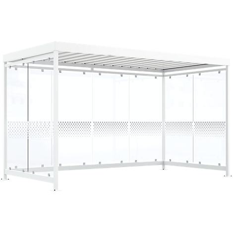 White, rectangular garden pavilion with glass walls and a dot pattern. The roof is slightly sloped.
