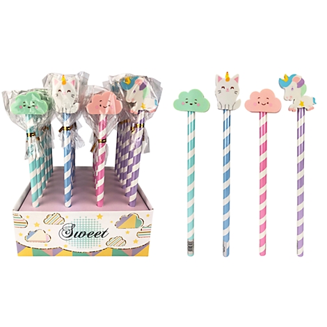 Verschiedene Stifte mit Einhorn- und Wolkenmotiven, in einer Box. Der Text "Sweet" ist zu sehen.