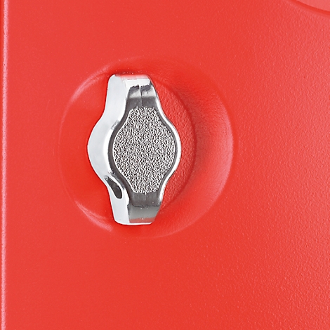 Close-up of a red plastic part with a silver, triangular turning knob.