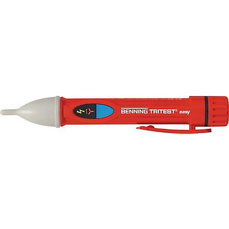 Een rode spanningstester met witte punt en zilveren clip, met "BENNING TRITEST easy."
