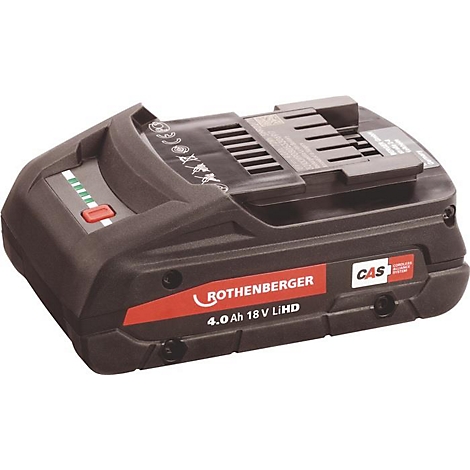 Zwarte batterij met rode tekst en een rode oplaadindicator. Opschrift: Rothenberger, 4.0 Ah, 18 V LiHD.