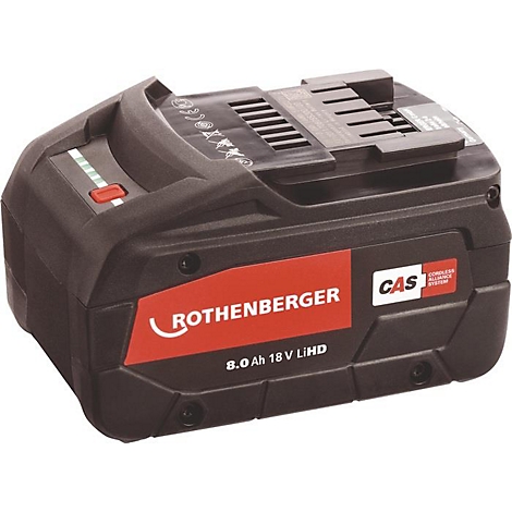 Zwarte batterij met rood logo, tekst ROTHEMBERGER, 8.0 Ah 18V LiHD, C4S Wireless Alliance System.