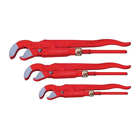 Trois clés à molette rouges de différentes tailles avec des mâchoires grises et blanches sur fond blanc.