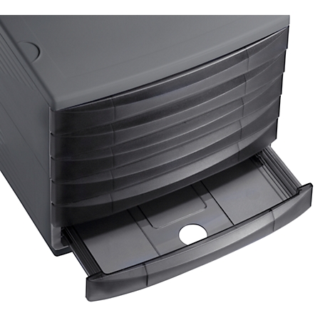 Dark grey drawer cabinet with a partially opened drawer.