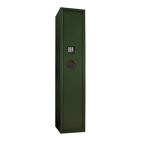 A green gun safe with a numerical keypad and a round knob.