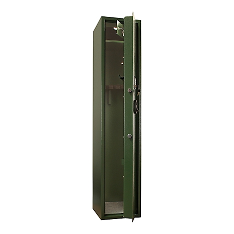 Green, open gun safe with open door, against a white background.