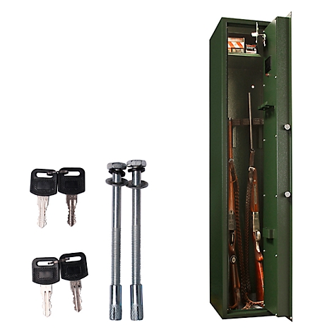 Green gun safe with open door, guns, locks, dowels and keys.