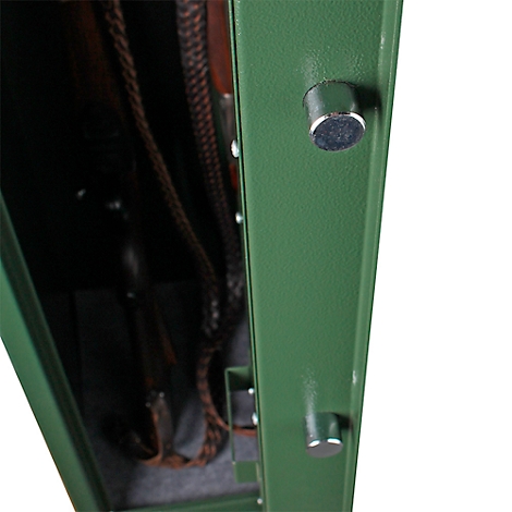 Open green gun safe door: rifle, leather straps, silver locking buttons.