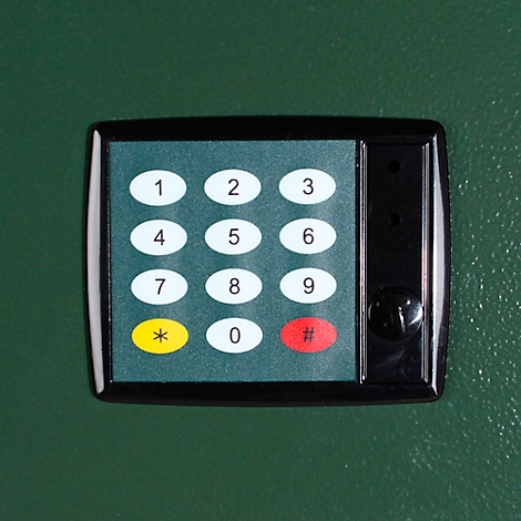 Black keypad with numbers 1 to 9, asterisk, zero and hash on a green background. On the right a black button.