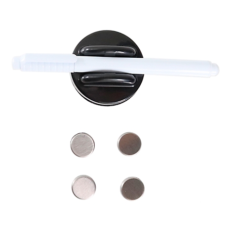 Support de stylo magnétique noir avec un stylo blanc et quatre petits aimants.