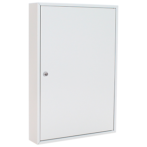 Porte d'armoire en métal blanc avec trou de serrure.