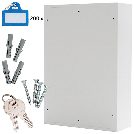 Coffret à clés blanc avec clés, vis, chevilles et 200x porte-clés.