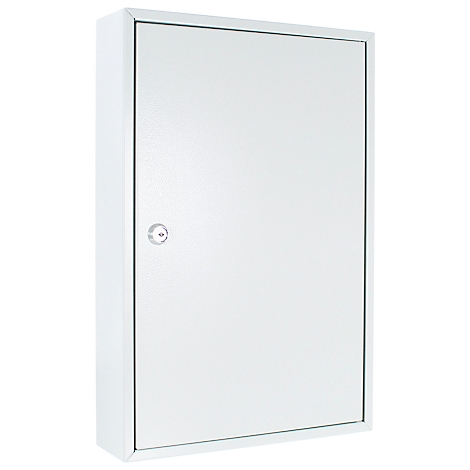 Boîte à clés en métal blanc avec petite serrure. Forme rectangulaire avec des bords droits.