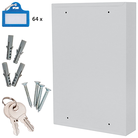 Armoire à clés blanche avec accessoires: 64 porte-clés, chevilles, vis et deux clés.