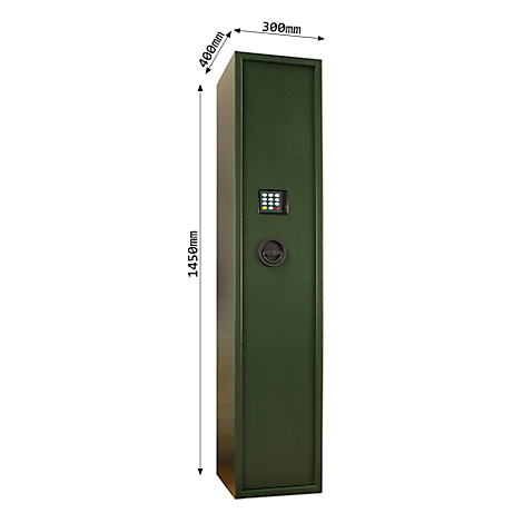Un coffre-fort vert avec serrure numérique et indications de taille : 1450mm de haut, 400mm de large, 300mm de profondeur.