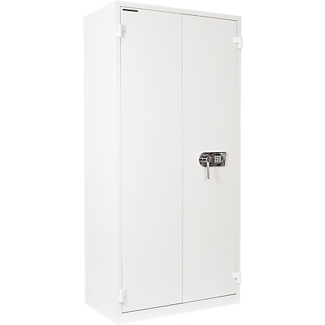 Coffre-fort blanc à deux portes, serrure électronique et clé.