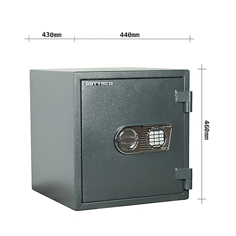 Coffre-fort gris avec clavier numérique, dimensions : 430 x 440 x 460mm.