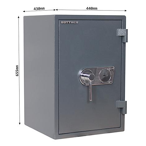 Un coffre-fort gris, dimensions : 430x440x655mm, avec bouton rotatif et l'inscription DOTTRCO.