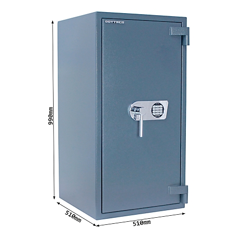 Coffre-fort bleu acier avec serrure numérique. Dimensions indiquées : 990 mm de haut, 510 mm de large et de profond.