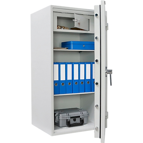 Coffre-fort blanc, ouvert, avec documents et objets de valeur. Une porte est ouverte.