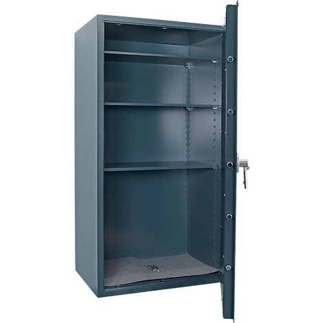 Armoire en acier ouverte et vide avec trois étagères. Intérieur gris. L'armoire est légèrement ouverte.