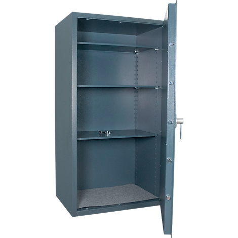 Coffre-fort bleu-gris ouvert avec des étagères. La porte est ouverte.