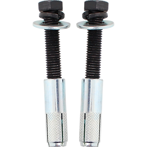 Deux boulons avec écrous et rondelles. Les vis ont un filetage et une cheville d'expansion.