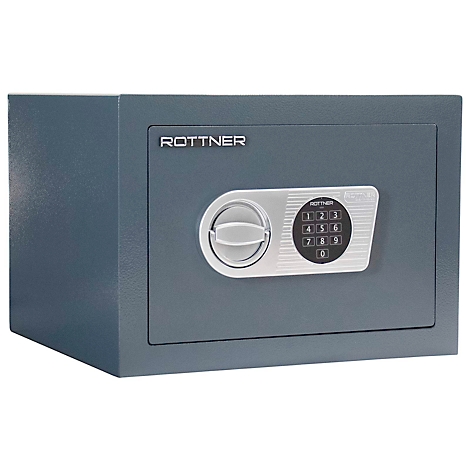 Coffre-fort gris avec clavier numérique et bouton rotatif, marque Rottner. Le coffre-fort est devant un fond neutre.