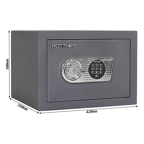 Coffre-fort gris avec serrure à combinaison et logo Rottner. Dimensions : 390mm x 420mm x 300mm.