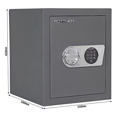 Coffre-fort gris avec code numérique et tête rotative. Logo Rottner en haut. Dimensions : 380x350x420mm.