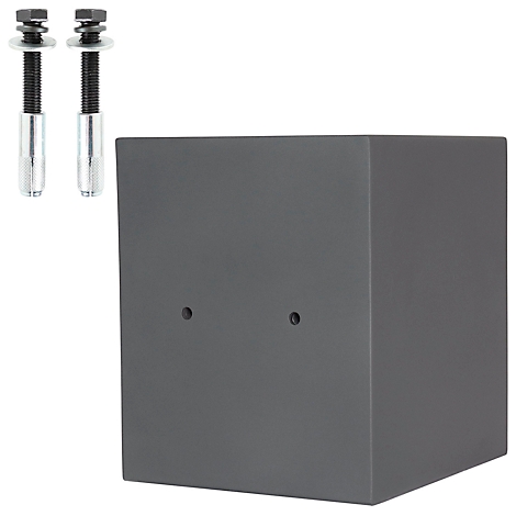 Socle cubique gris foncé avec deux trous et deux vis avec écrous.
