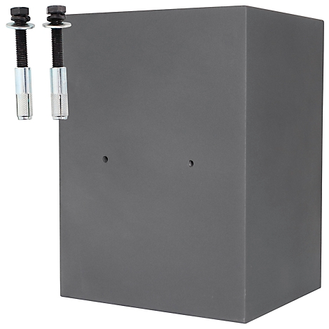 Boîte rectangulaire grise avec deux vis utilisées pour l'assemblage.