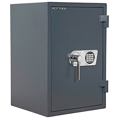 A gray safe stands slightly angled. It has a digital lock, a handle, and the inscription 'ROTTNER'.