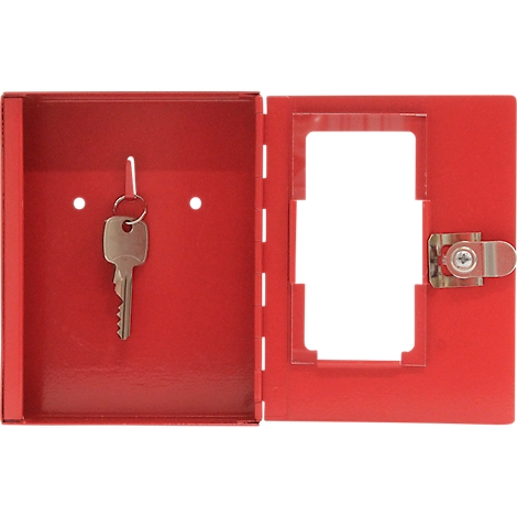 Boîte métallique rouge avec une porte, à l'intérieur une clé sur un crochet. La porte a une fenêtre de visualisation transparente et un fermoir.