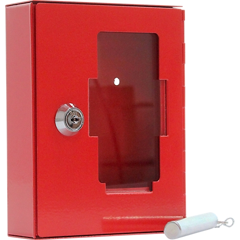 Boîte murale rouge avec serrure et clé. Une clé blanche est suspendue en dessous. Il y a une fenêtre de visualisation à l'avant.