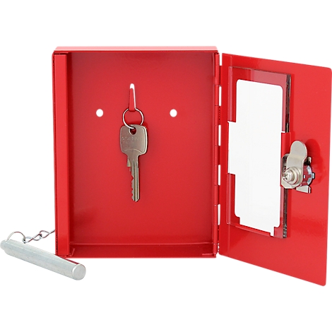 Boîte métallique rouge avec porte ouverte, clé à l'intérieur, goupille avec chaîne. Texte non reconnaissable.
