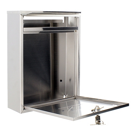 Boîte aux lettres en acier inoxydable avec porte ouverte. L'intérieur est visible, avec une serrure à clé.