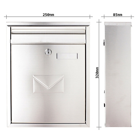 Boîte aux lettres en acier inoxydable avec gaufrage d'enveloppe, serrure, 250 x 320 x 85 mm. Dimensions indiquées.