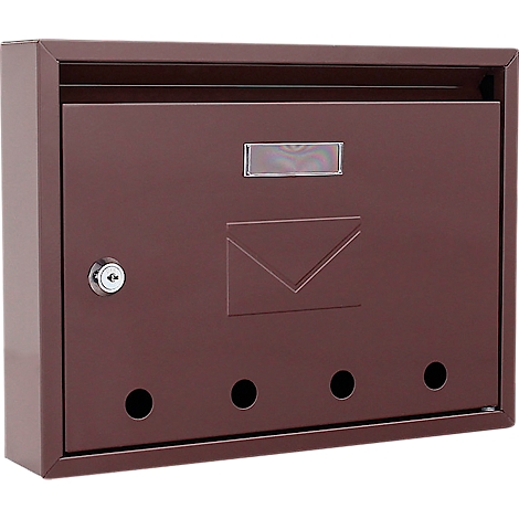 Boîte aux lettres marron foncé avec trou de serrure et trois ouvertures en bas.