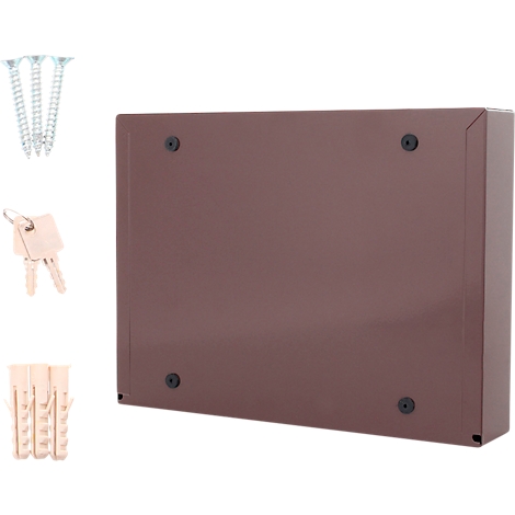 Boîte en métal marron avec quatre vis noires. A côté, vis, chevilles et deux clés.