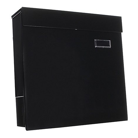 Boîte aux lettres noire avec rabat et petite fenêtre.