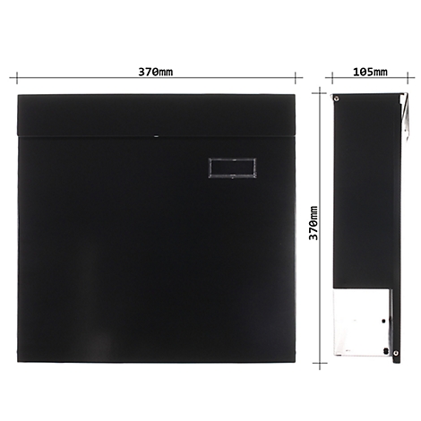 Boîte aux lettres noire, dimensions 370 x 370 x 105 mm. Une petite fenêtre rectangulaire se trouve sur le devant.