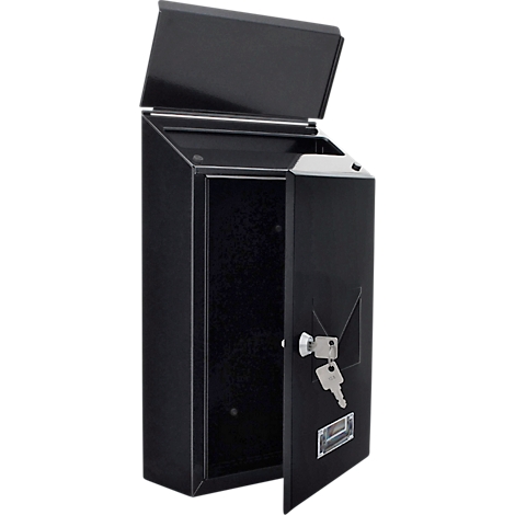 Boîte aux lettres murale noire, porte ouverte avec clés. Couvercle légèrement ouvert.