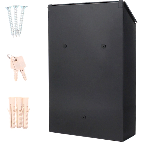 Boîte aux lettres noire avec accessoires : vis, chevilles et clés.