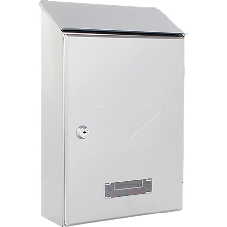 Boîte aux lettres grise avec rabat et fente pour le courrier. Un contour de lettre suggéré est visible sur le devant.