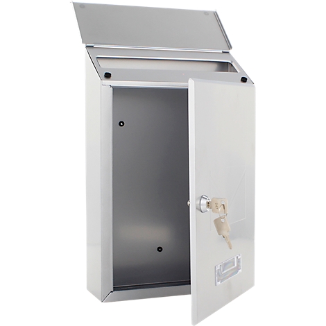 Boîte aux lettres argentée avec porte ouverte et clés insérées dans la serrure.