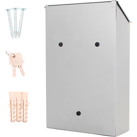 Boîte aux lettres grise avec toit, vis, clés et chevilles.