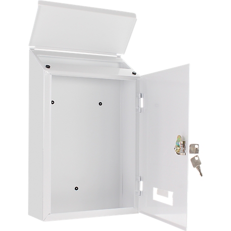 Boîte aux lettres blanche, ouverte, avec clé et couvercle. La porte a une fenêtre de visualisation.
