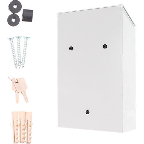 Boîte aux lettres blanche avec accessoires, dont vis, chevilles et clés.